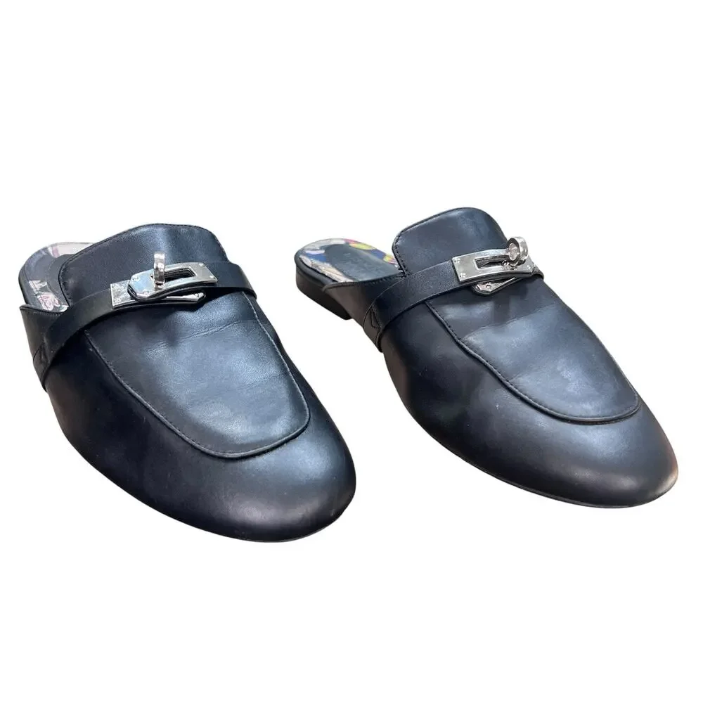 Hermes Oz Mules Black Leather Silver Kelly Buckle Slip On Mules Size 40 US 10